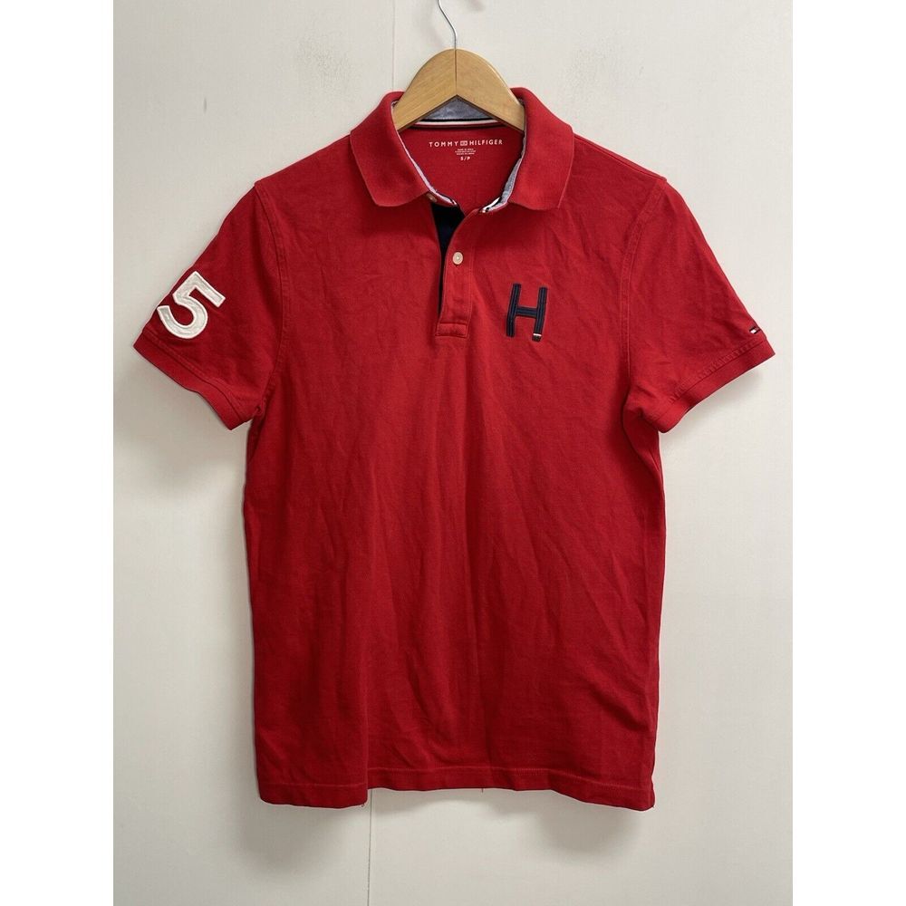 Tommy Hilfiger Polo Shirt Men Size S Red‎ 100% Cotton Short Sleeve TH Logo #85